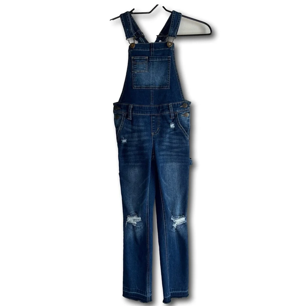Justice Girls Overall Jumper Denim Blue Size 10 Slim Skinny Stretch Fringe Hem